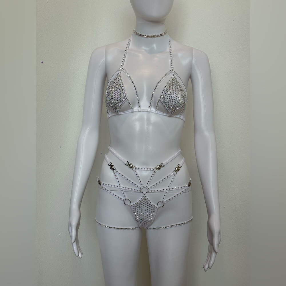 White AB Rhinestone 4 Piece Lingerie Set Bikini XS, D Cup, Festival, Rave, Dance - Picture 10 of 13